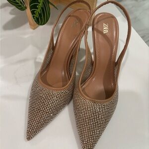 Zara Beige Rhinestone Slingback Heels